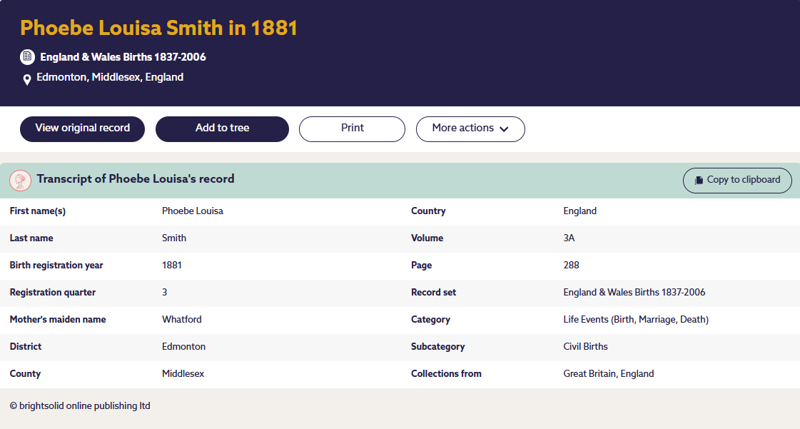 Civil Birth Record Phoebe Louisa Smith 1881